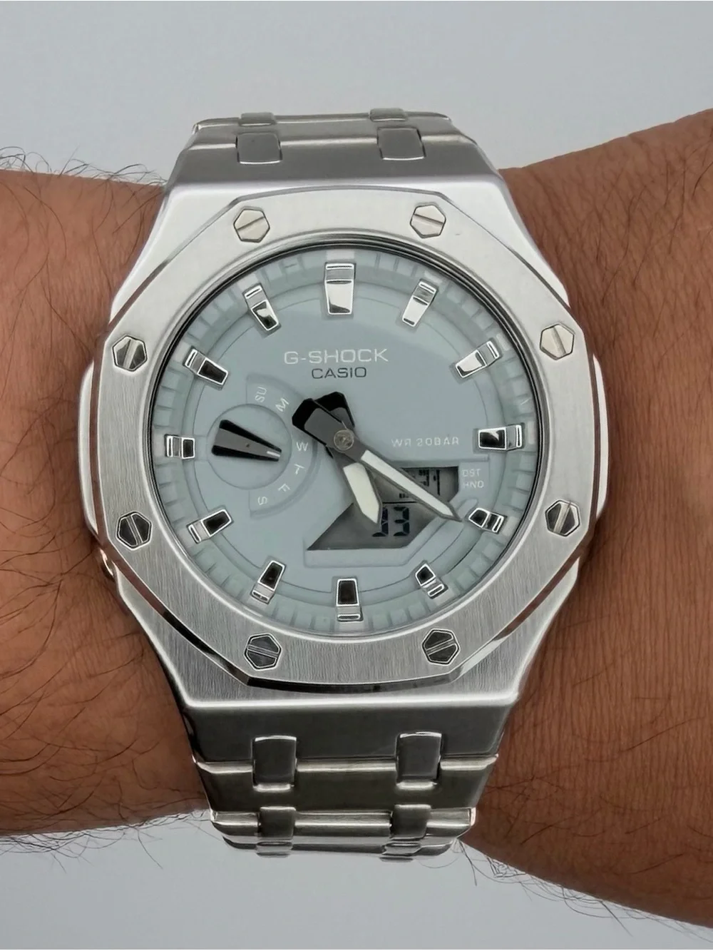 Custom Modded G-Shock Silver and Gray Octagonal Metal Watch